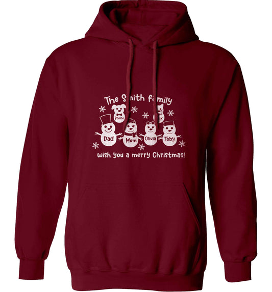 Personalised snowman family mum dad cat dog adults unisex maroon hoodie 2XL