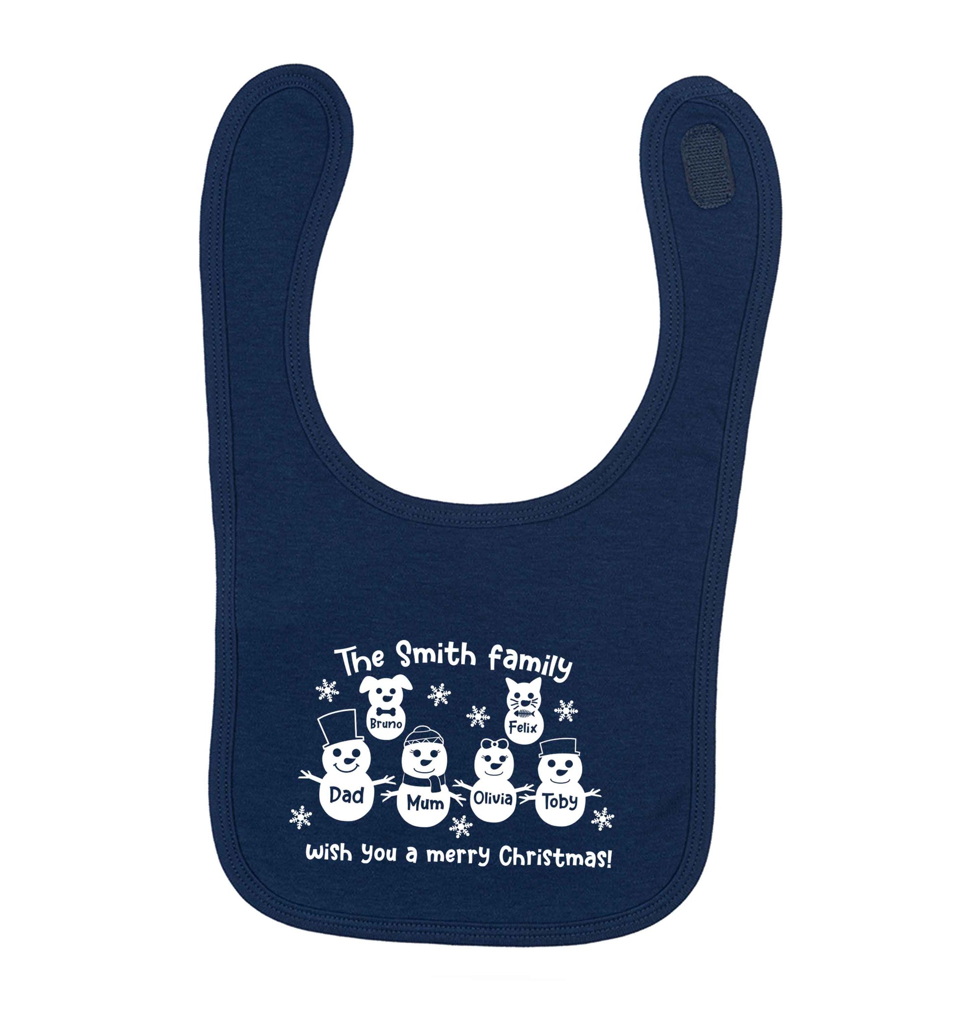 Personalised snowman family mum dad cat dog navy baby bib