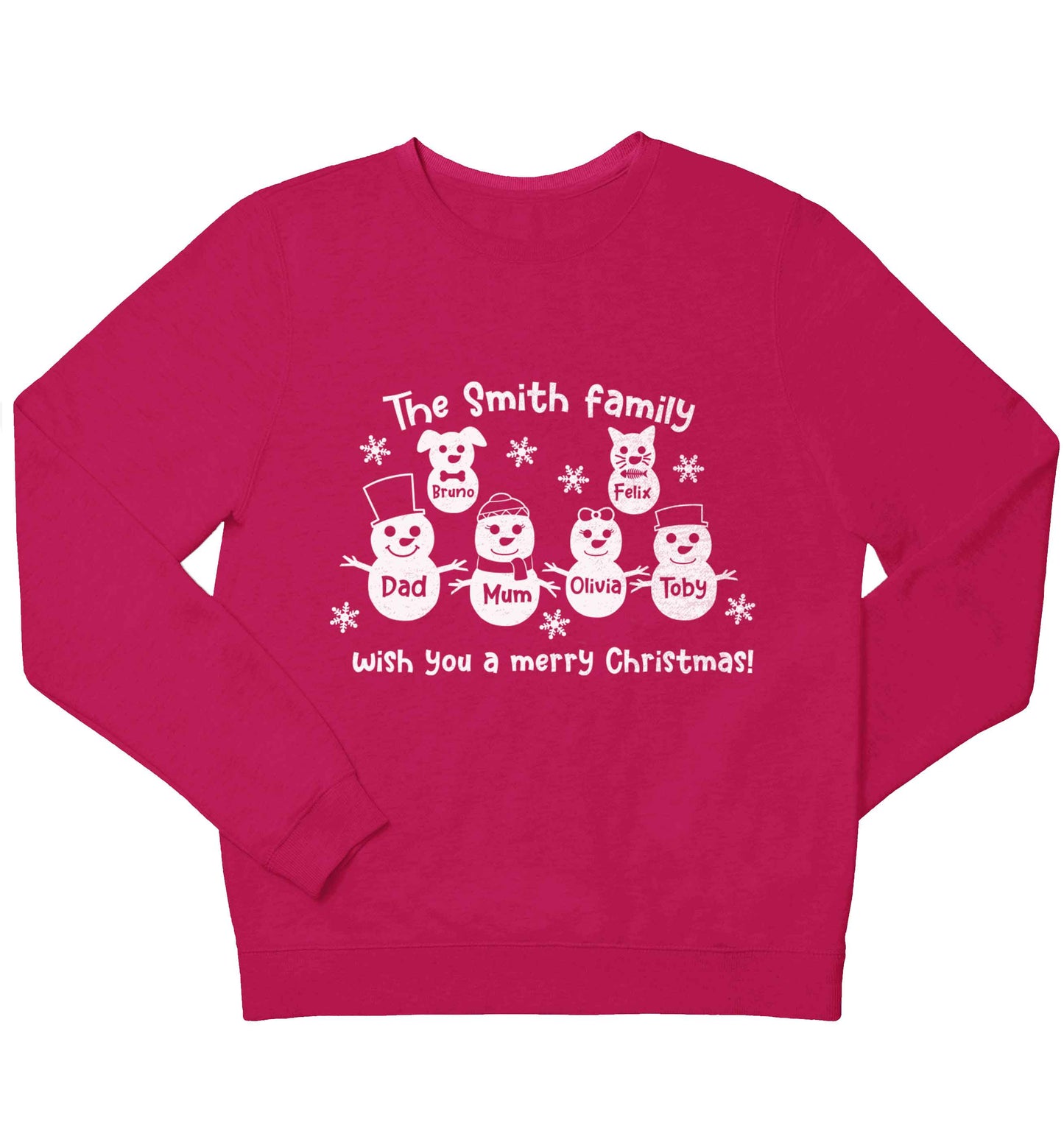 Personalised snowman family mum dad cat dog children's pink sweater 12-13 Years