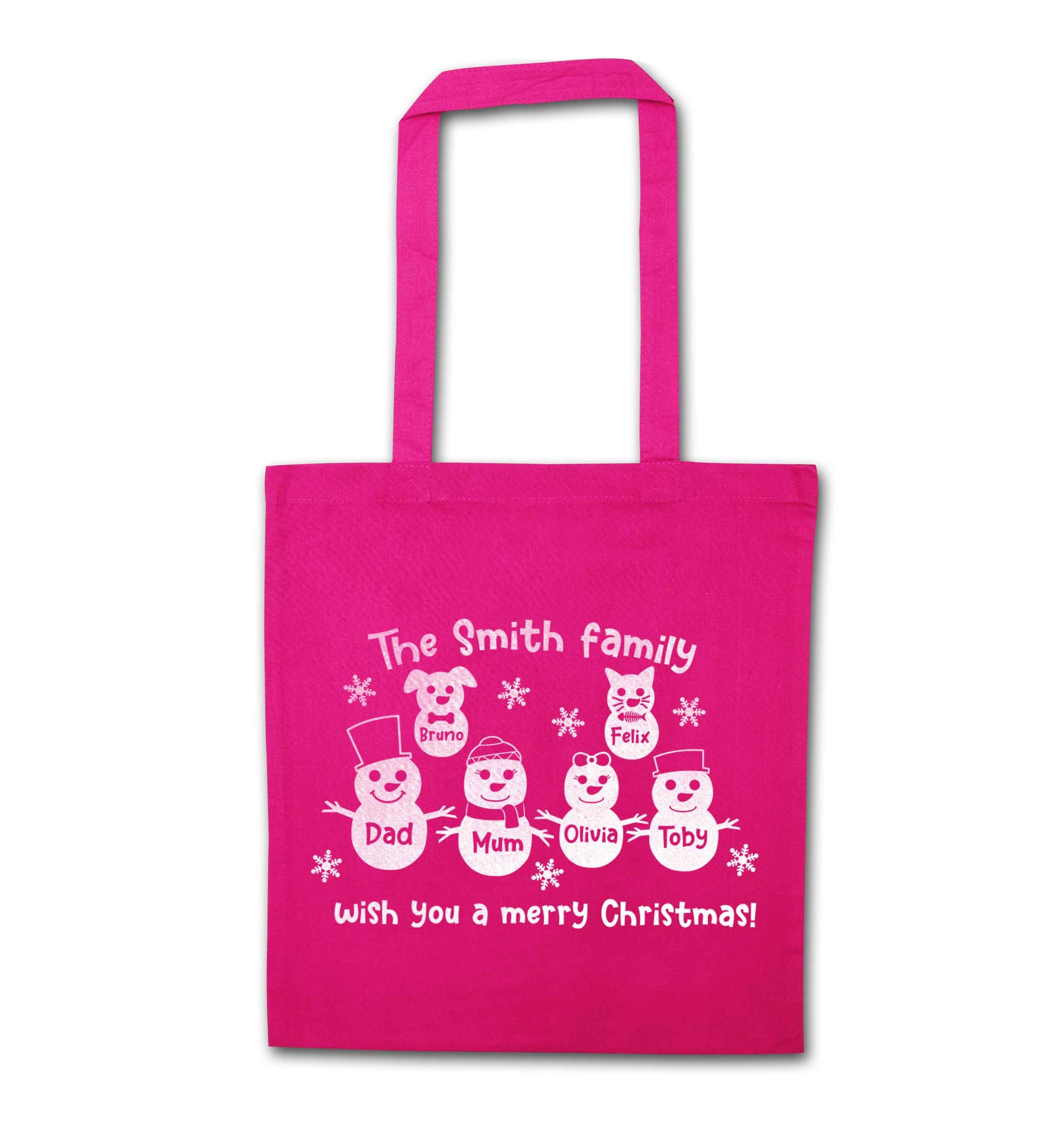 Personalised snowman family mum dad cat dog pink tote bag