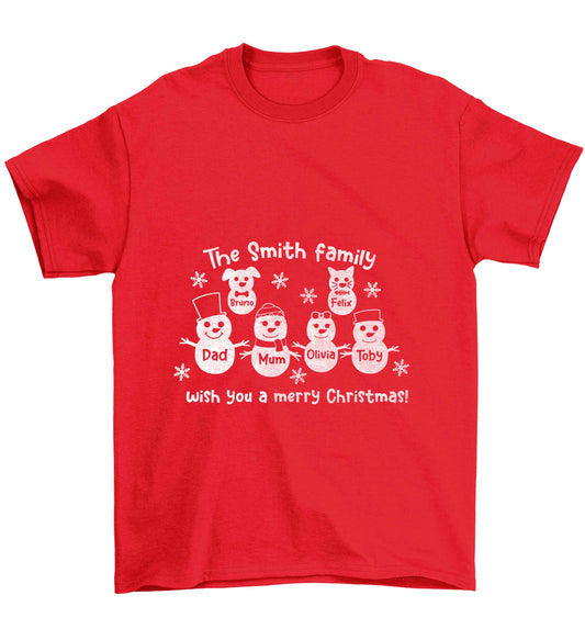 Personalised snowman family mum dad cat dog Children's red Tshirt 12-13 Years