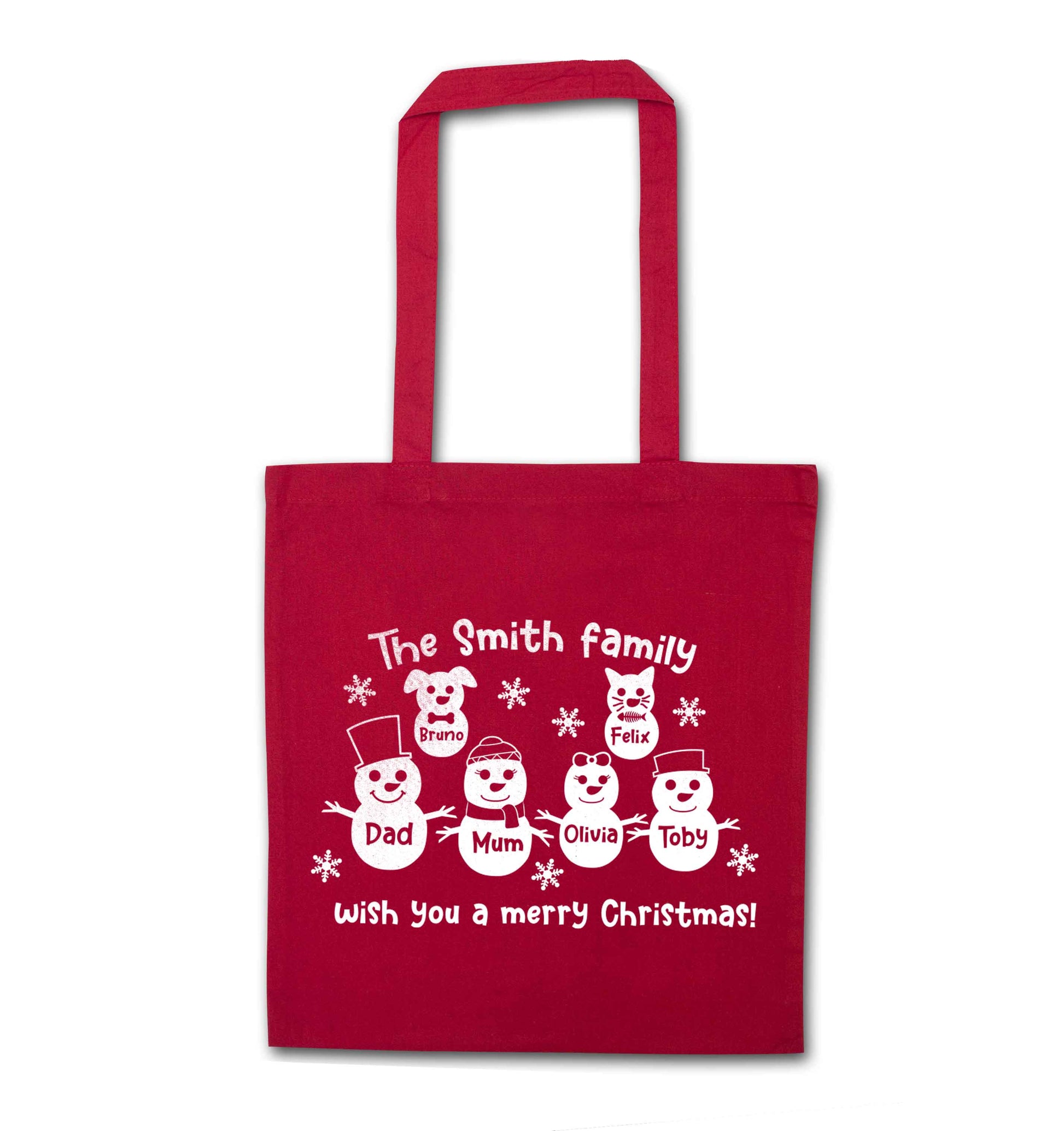 Personalised snowman family mum dad cat dog red tote bag