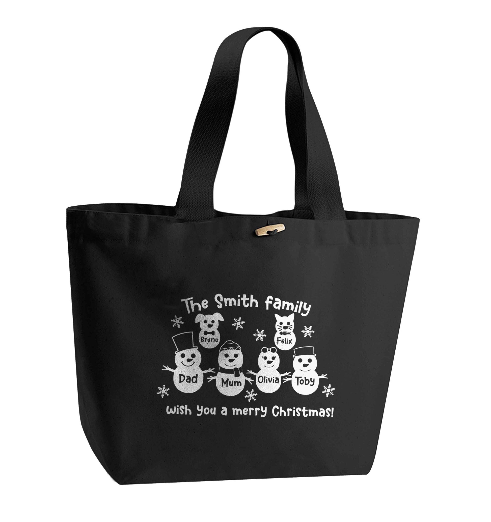 Personalised snowman family mum dad cat dog organic cotton premium tote bag with wooden toggle in black