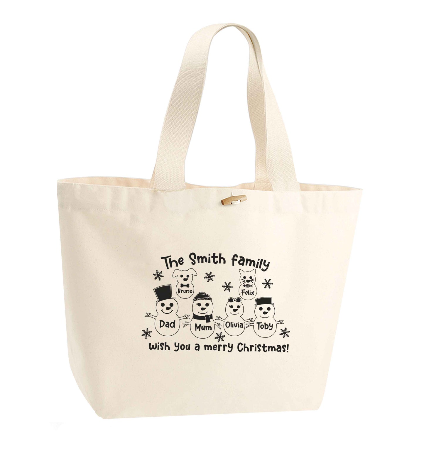 Personalised snowman family mum dad cat dog organic cotton premium tote bag with wooden toggle in natural