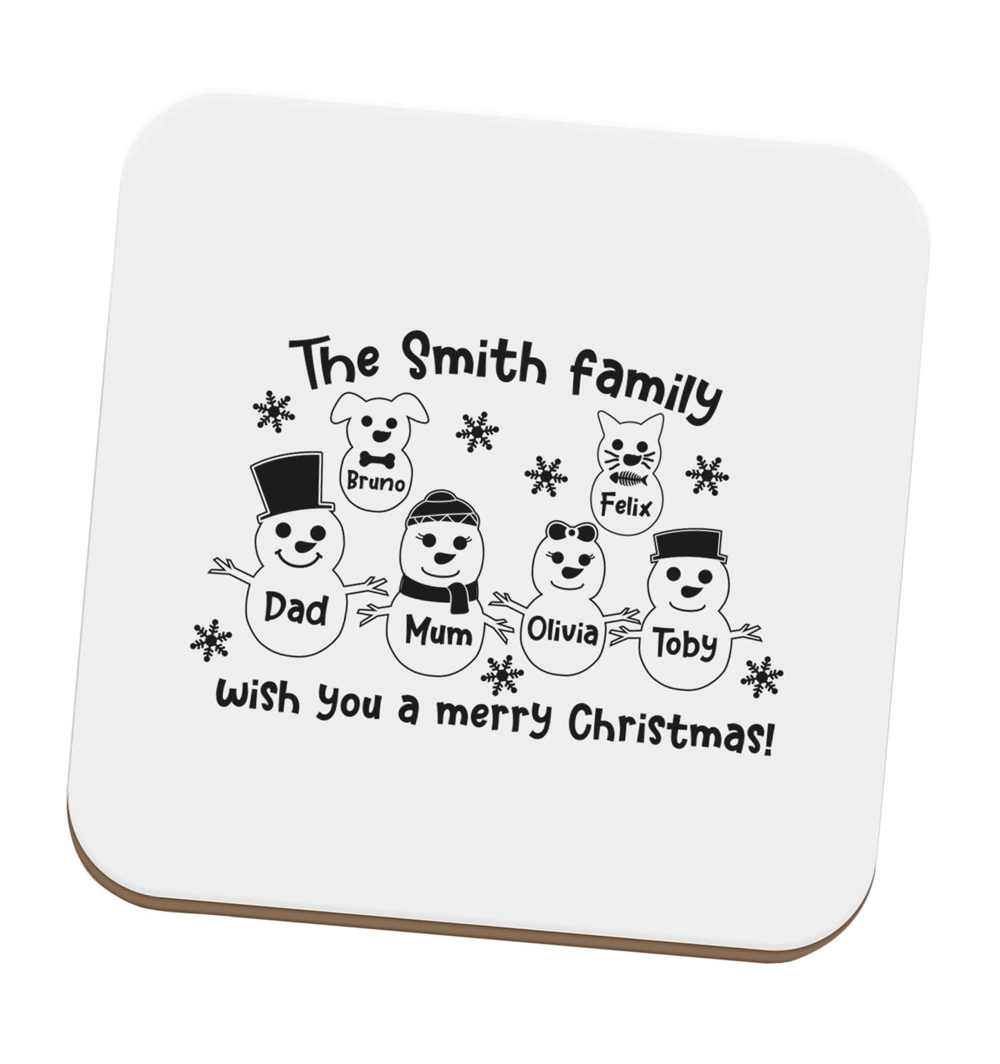 Personalised snowman family mum dad cat dog set of four coasters