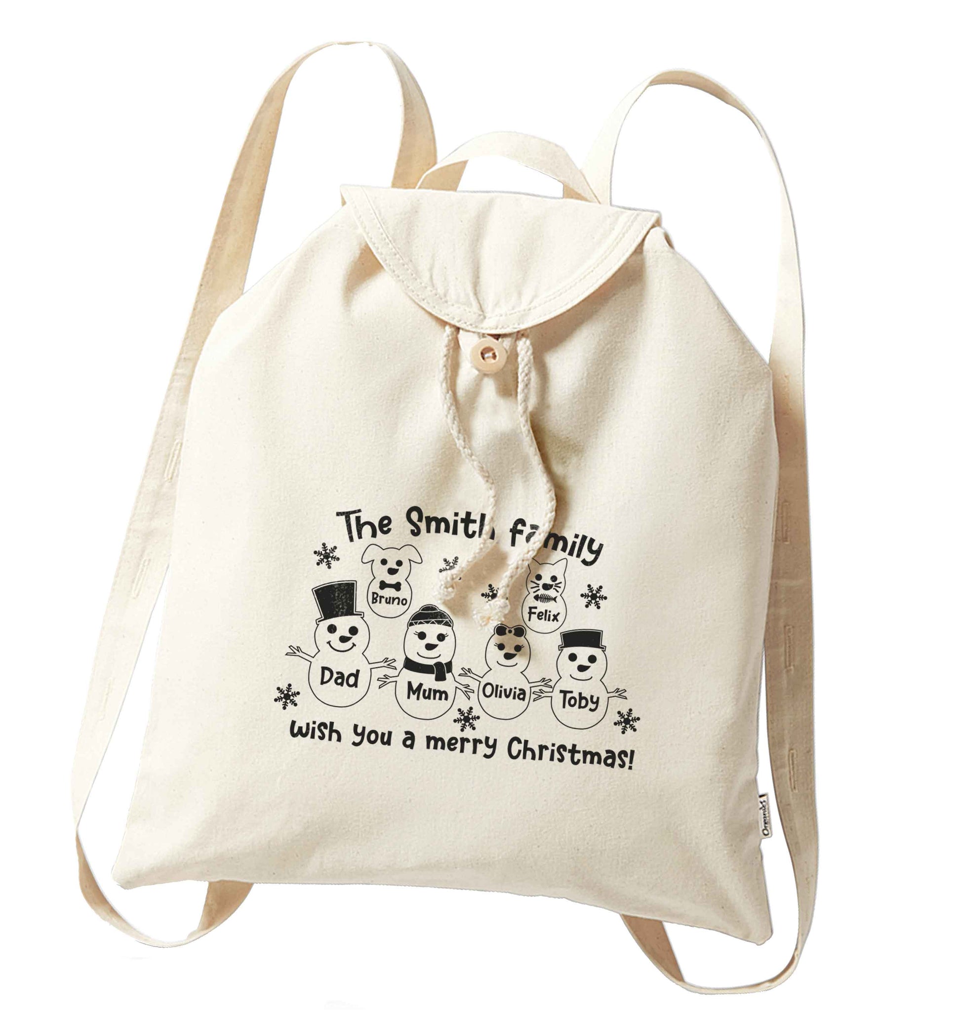 Personalised snowman family mum dad cat dog organic cotton backpack tote with wooden buttons in natural