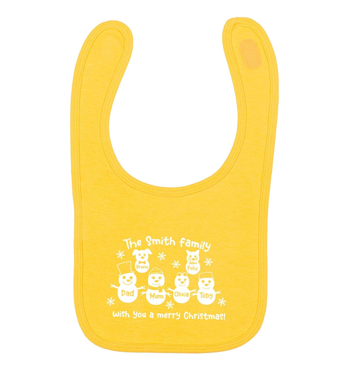 Personalised snowman family mum dad cat dog yellow baby bib