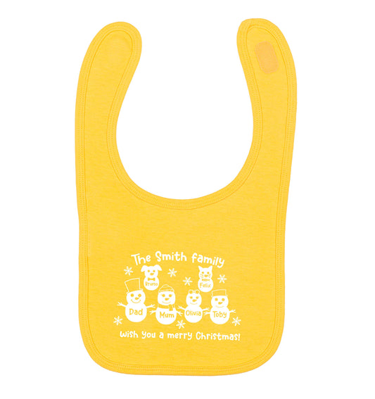 Personalised snowman family mum dad cat dog yellow baby bib