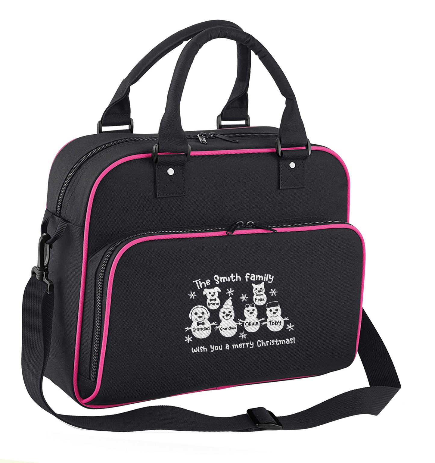 Personalised snowman family grandma grandad cat dog children's dance bag black with pink detail