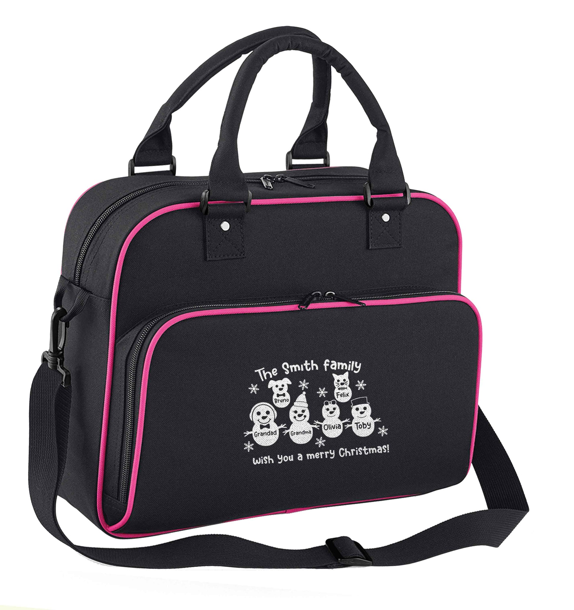 Personalised snowman family grandma grandad cat dog children's dance bag black with pink detail