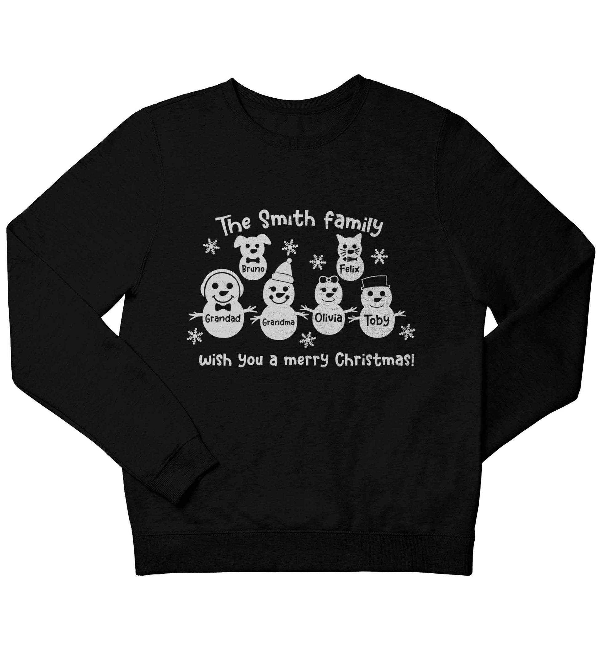 Personalised snowman family grandma grandad cat dog children's black sweater 12-13 Years