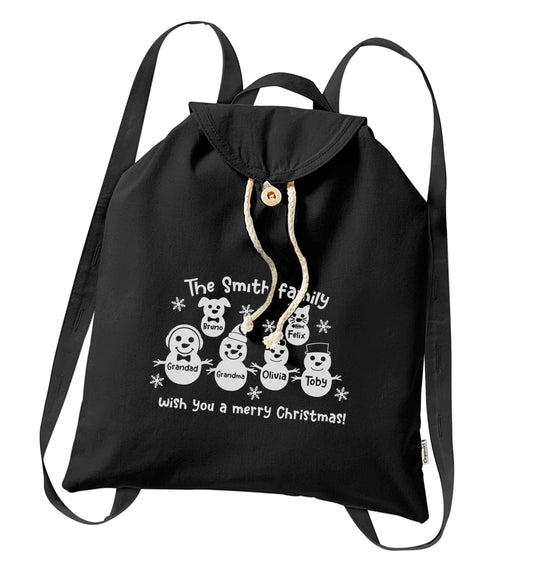 Personalised snowman family grandma grandad cat dog organic cotton backpack tote with wooden buttons in black