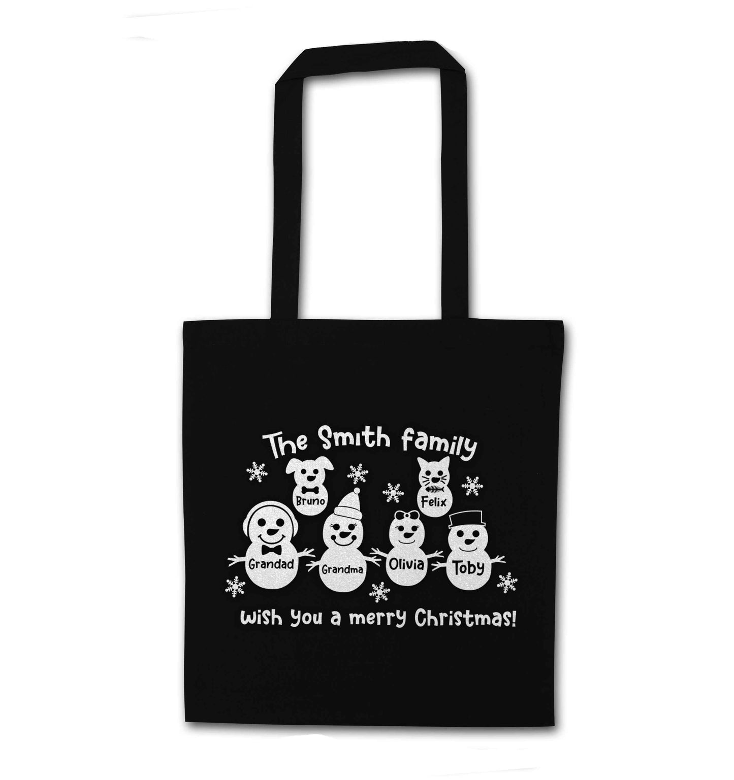 Personalised snowman family grandma grandad cat dog black tote bag
