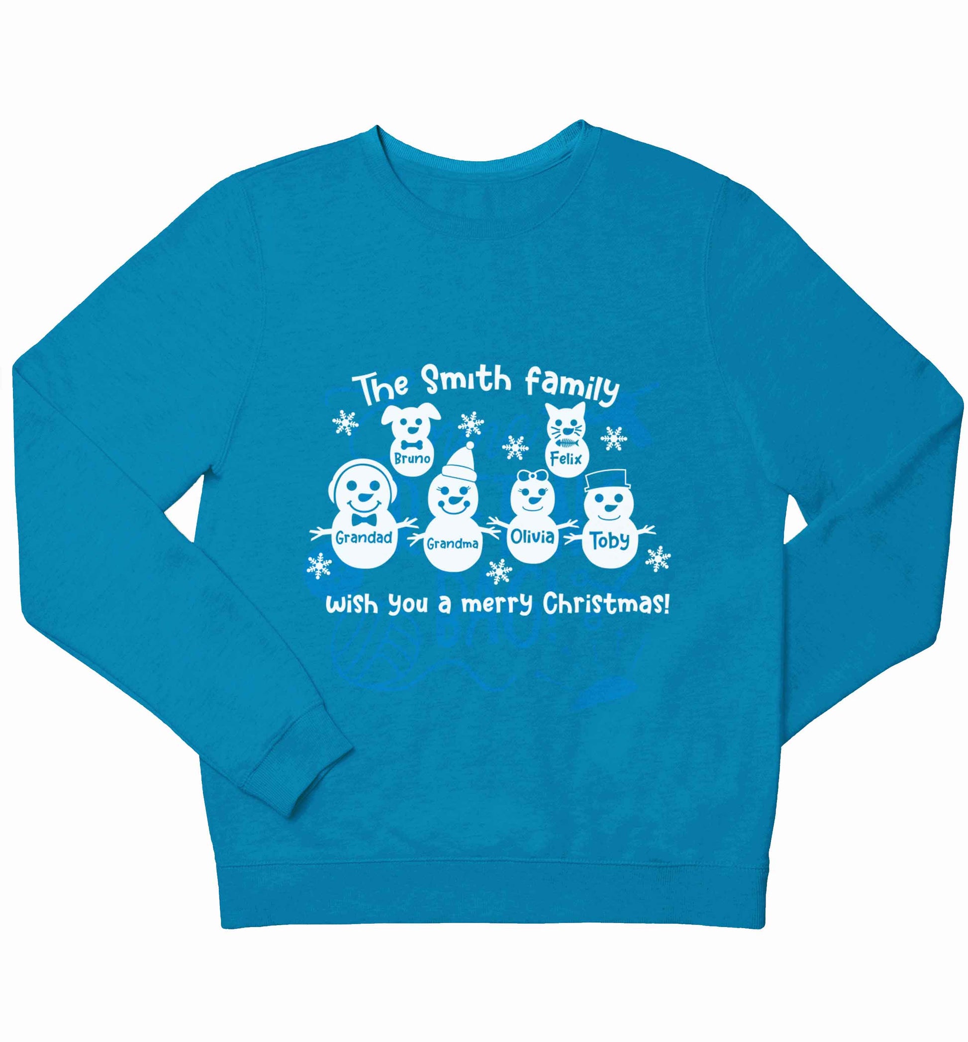 Personalised snowman family grandma grandad cat dog children's blue sweater 12-13 Years