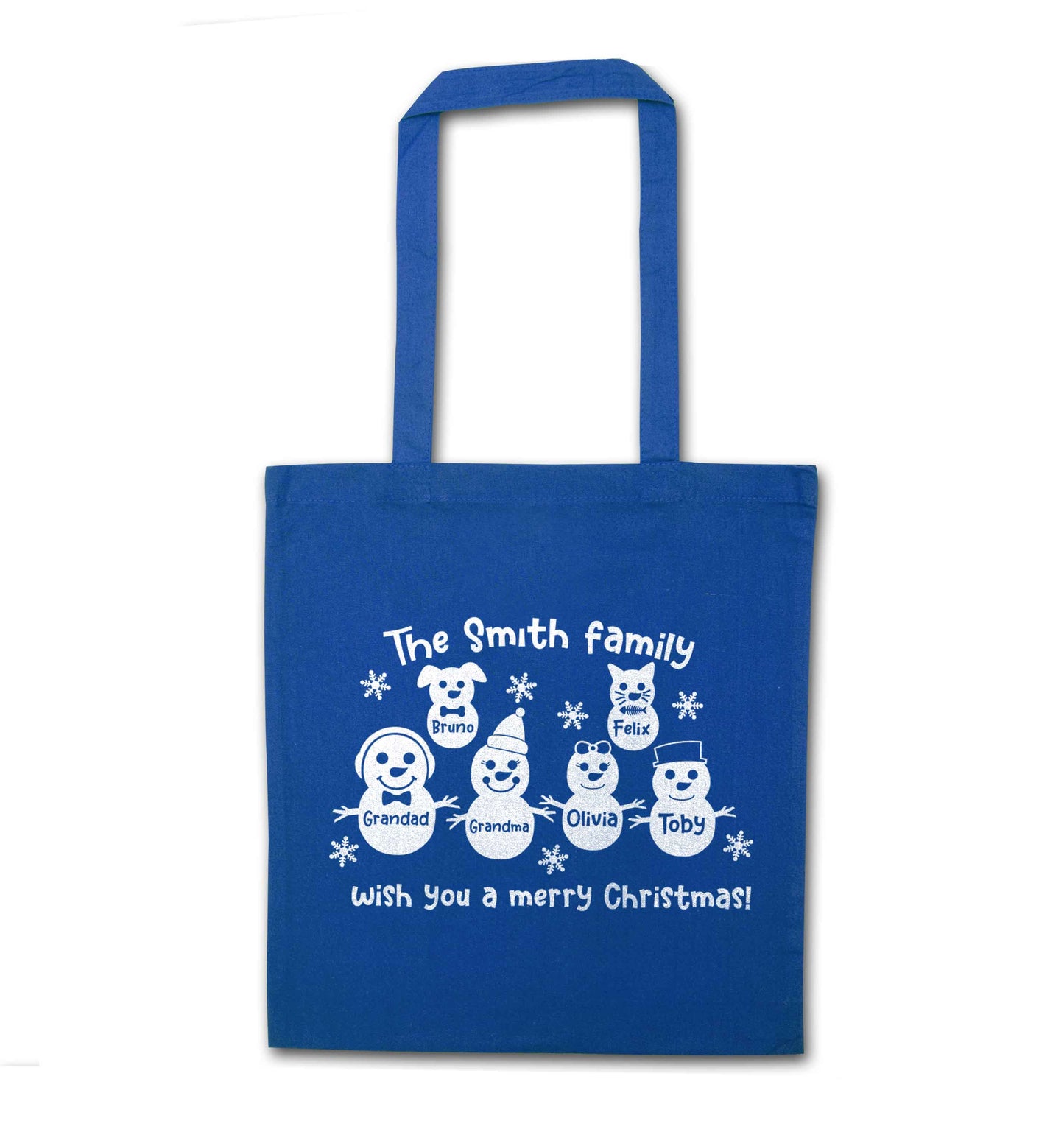 Personalised snowman family grandma grandad cat dog blue tote bag