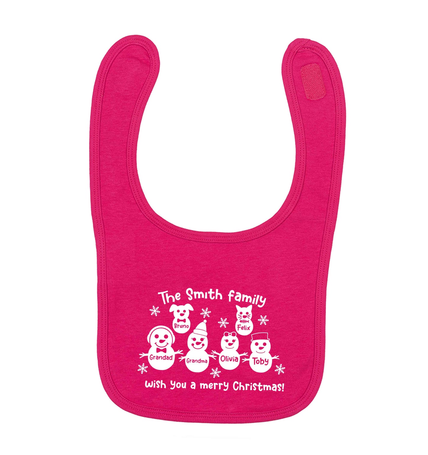 Personalised snowman family grandma grandad cat dog dark pink baby bib