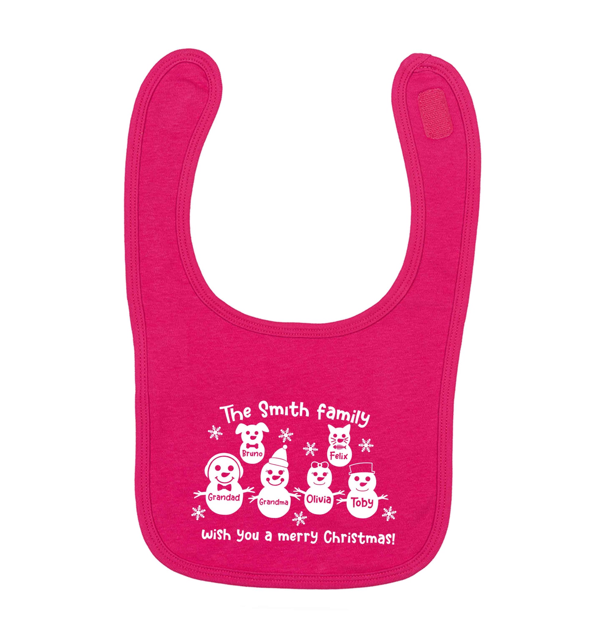 Personalised snowman family grandma grandad cat dog dark pink baby bib