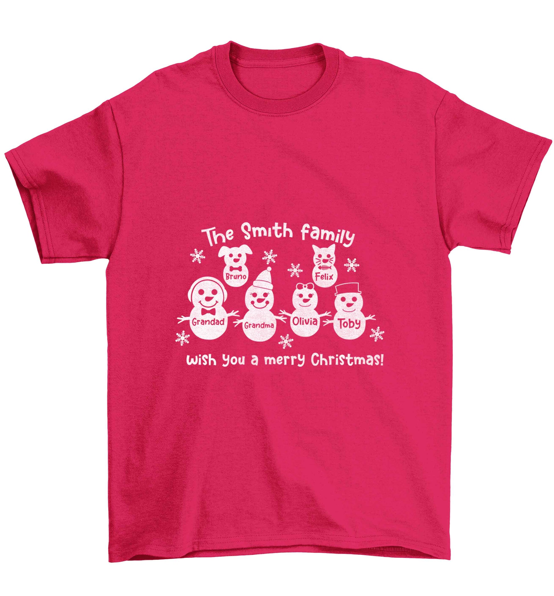Personalised snowman family grandma grandad cat dog Children's pink Tshirt 12-13 Years