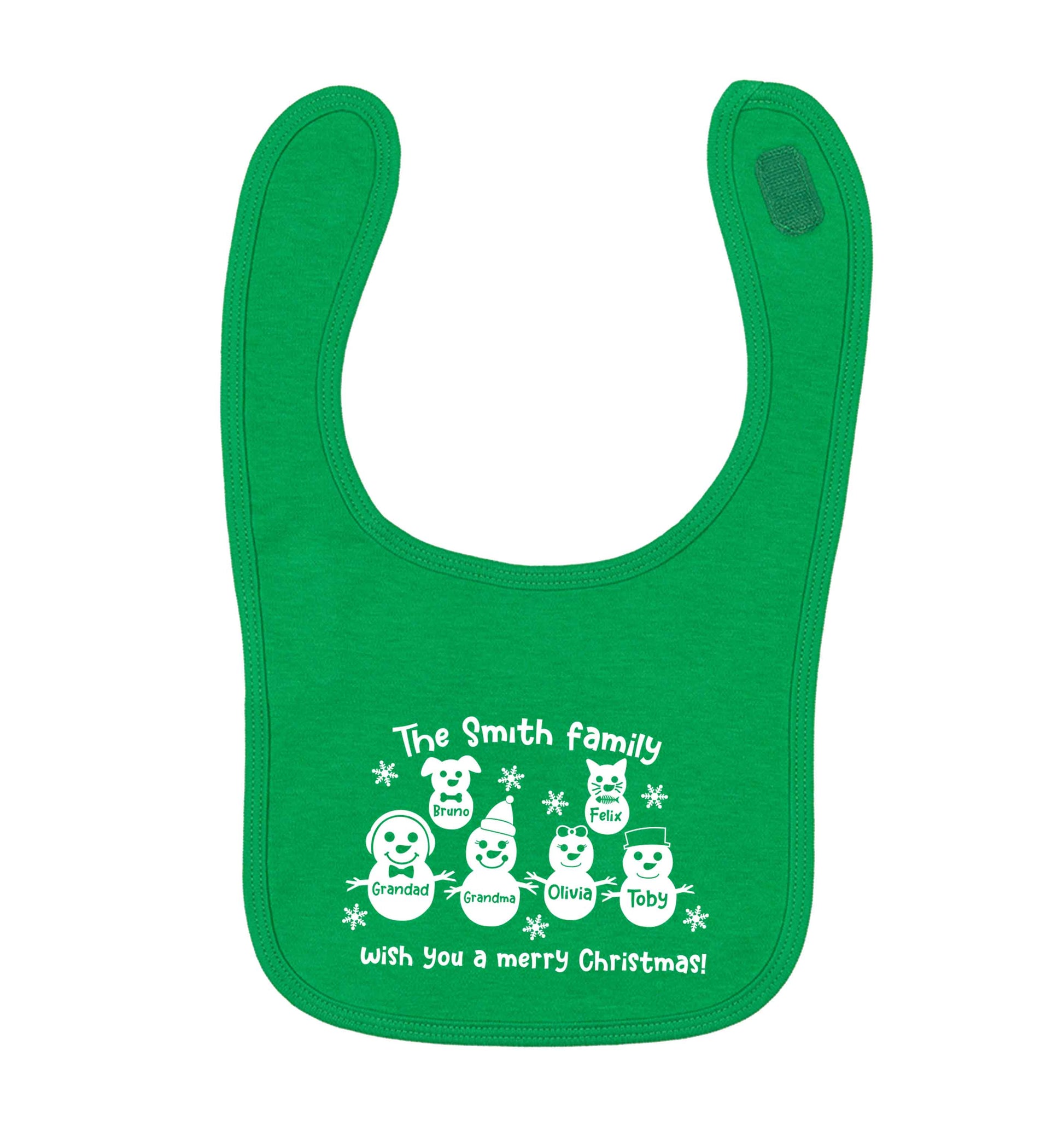 Personalised snowman family grandma grandad cat dog green baby bib