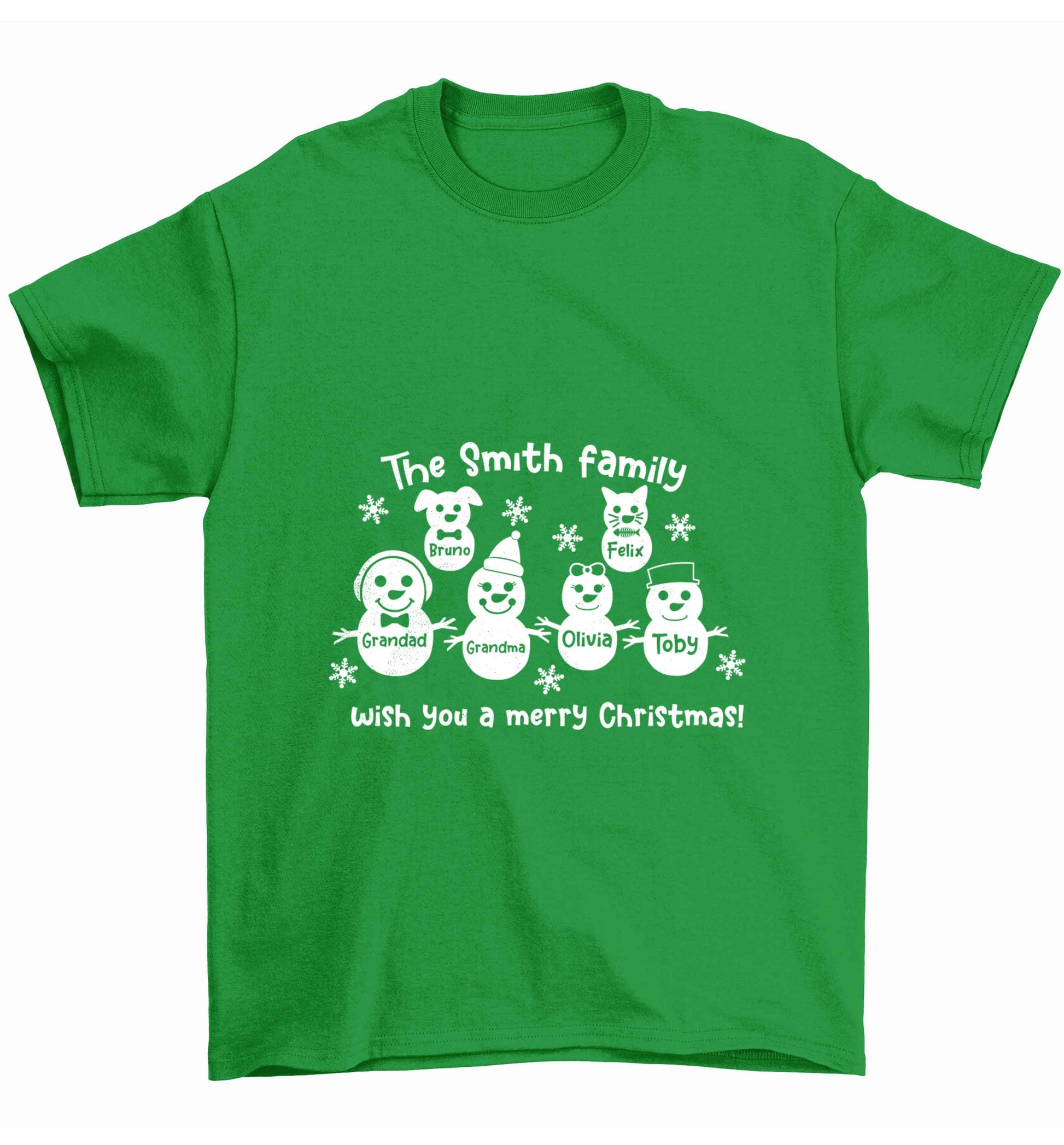 Personalised snowman family grandma grandad cat dog Children's green Tshirt 12-13 Years