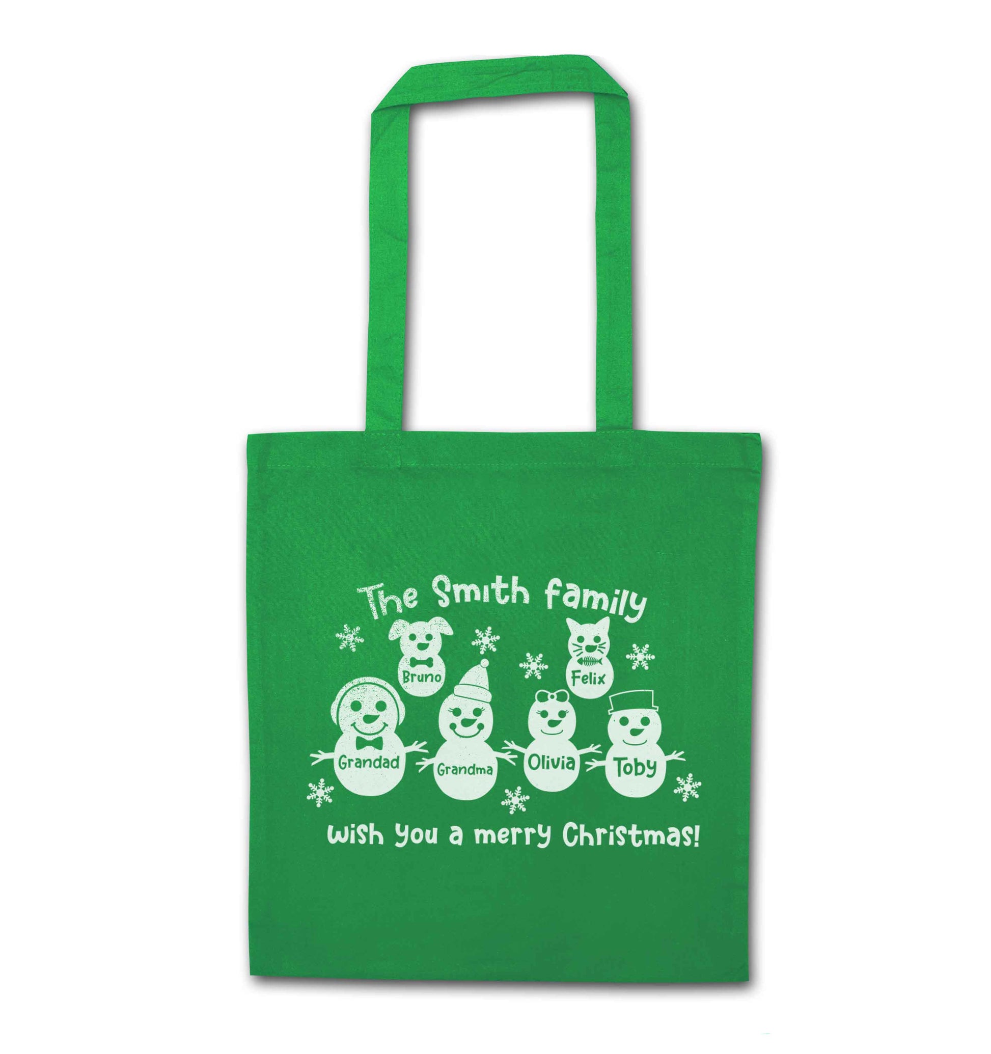 Personalised snowman family grandma grandad cat dog green tote bag