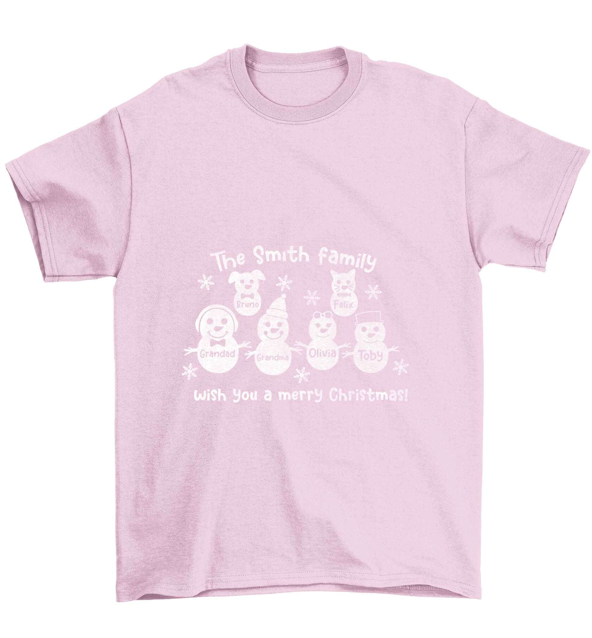 Personalised snowman family grandma grandad cat dog Children's light pink Tshirt 12-13 Years