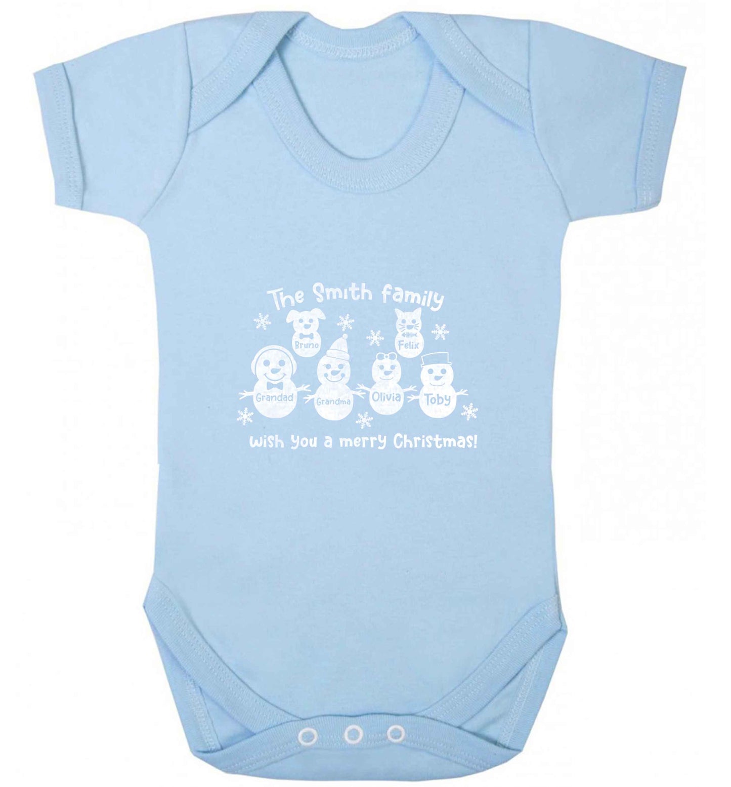 Personalised snowman family grandma grandad cat dog baby vest pale blue 18-24 months