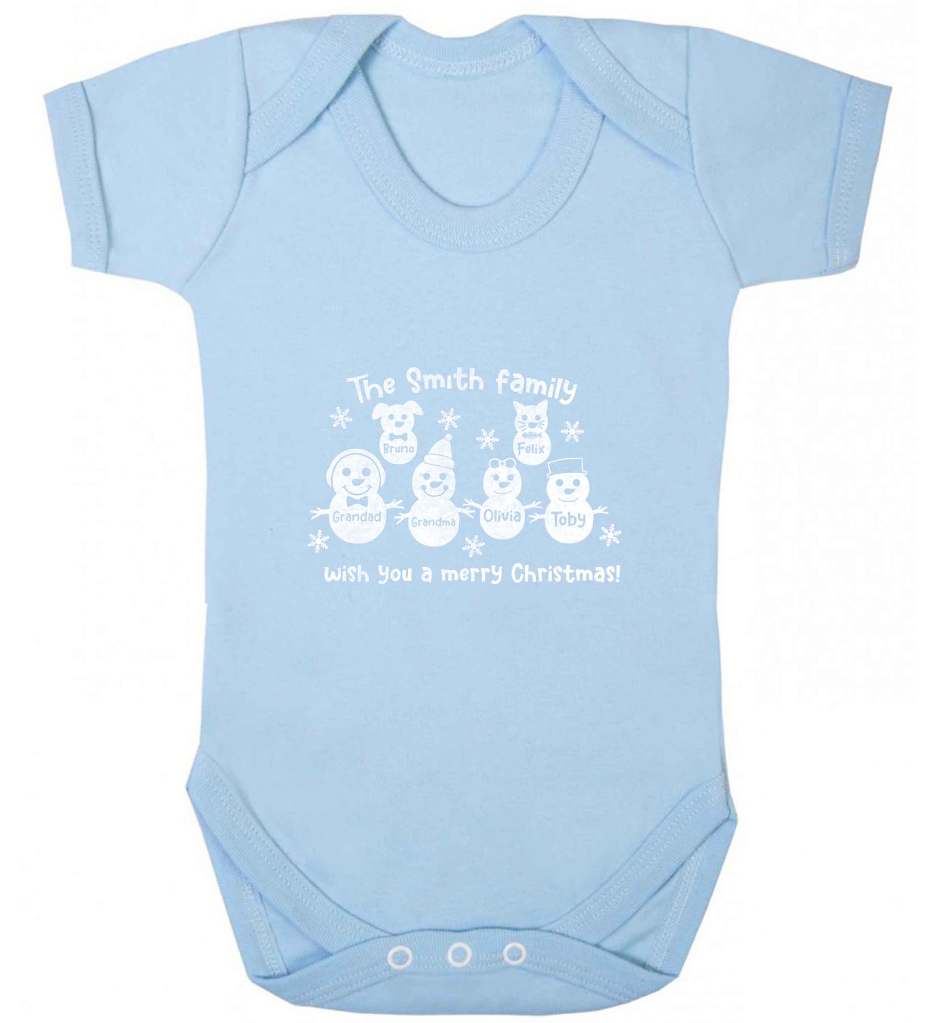 Personalised snowman family grandma grandad cat dog baby vest pale blue 18-24 months