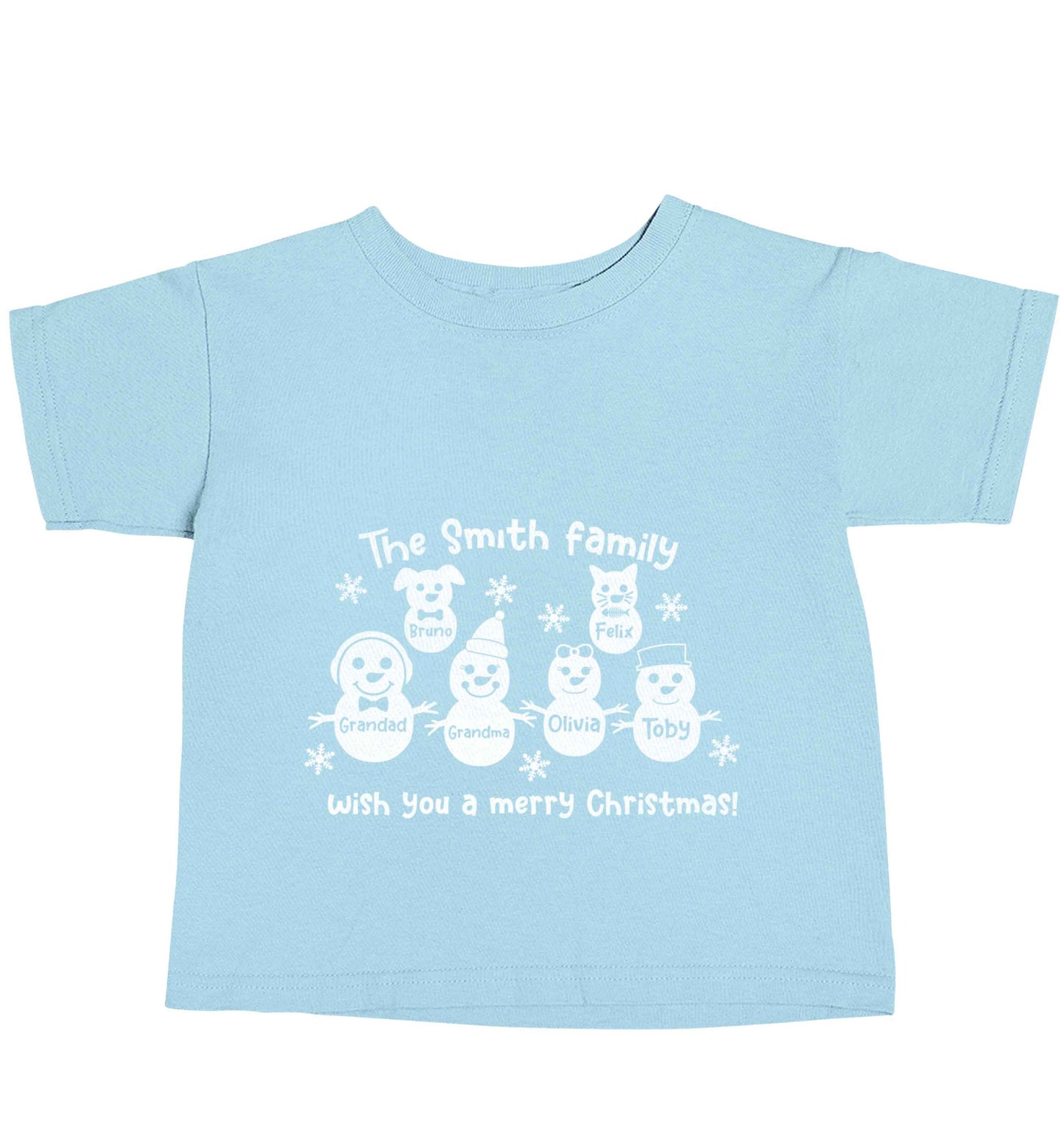 Personalised snowman family grandma grandad cat dog light blue baby toddler Tshirt 2 Years