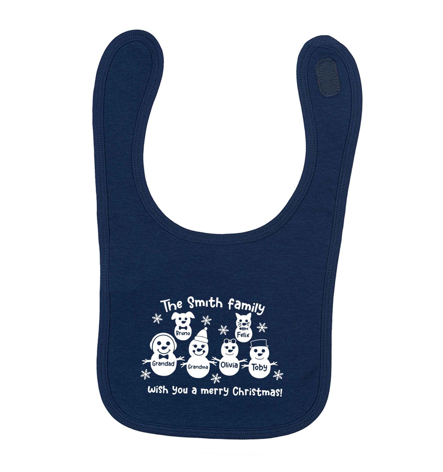Personalised snowman family grandma grandad cat dog navy baby bib