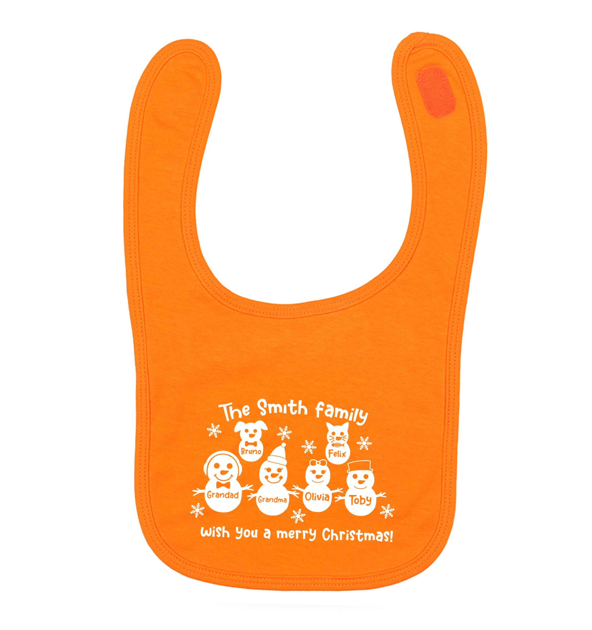 Personalised snowman family grandma grandad cat dog orange baby bib