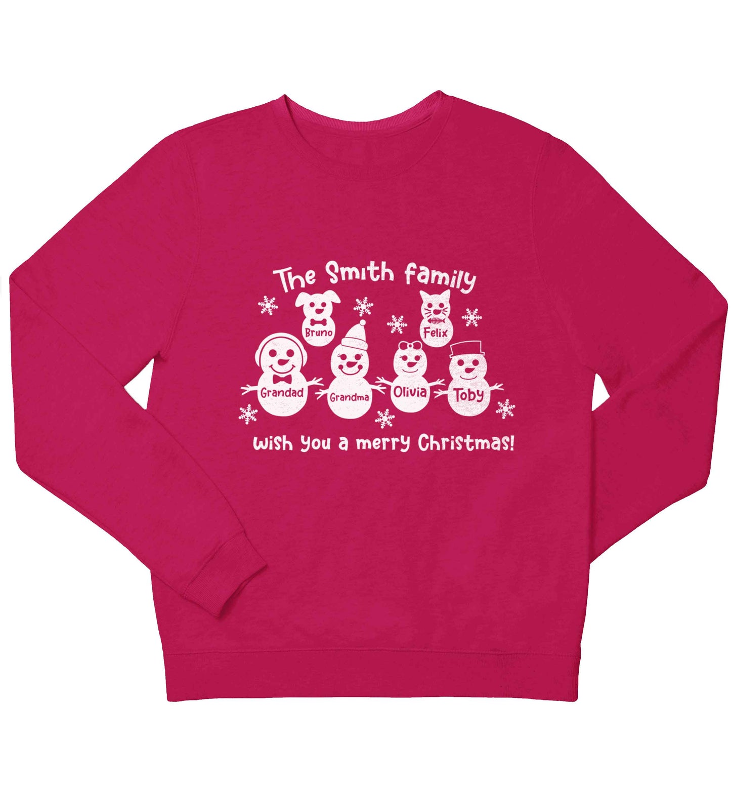 Personalised snowman family grandma grandad cat dog children's pink sweater 12-13 Years