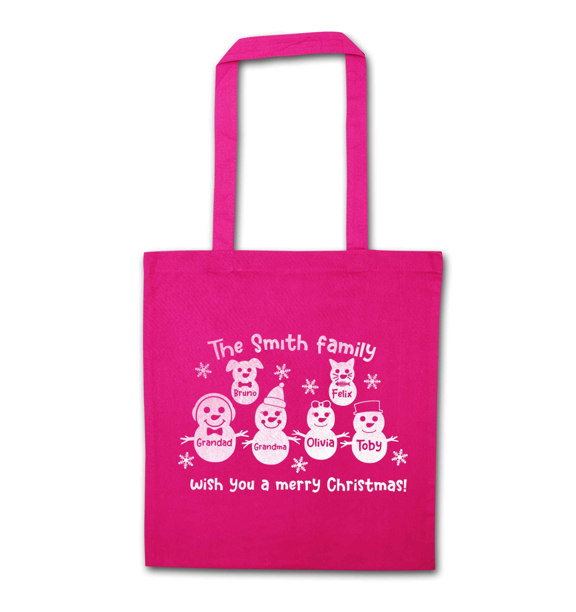 Personalised snowman family grandma grandad cat dog pink tote bag