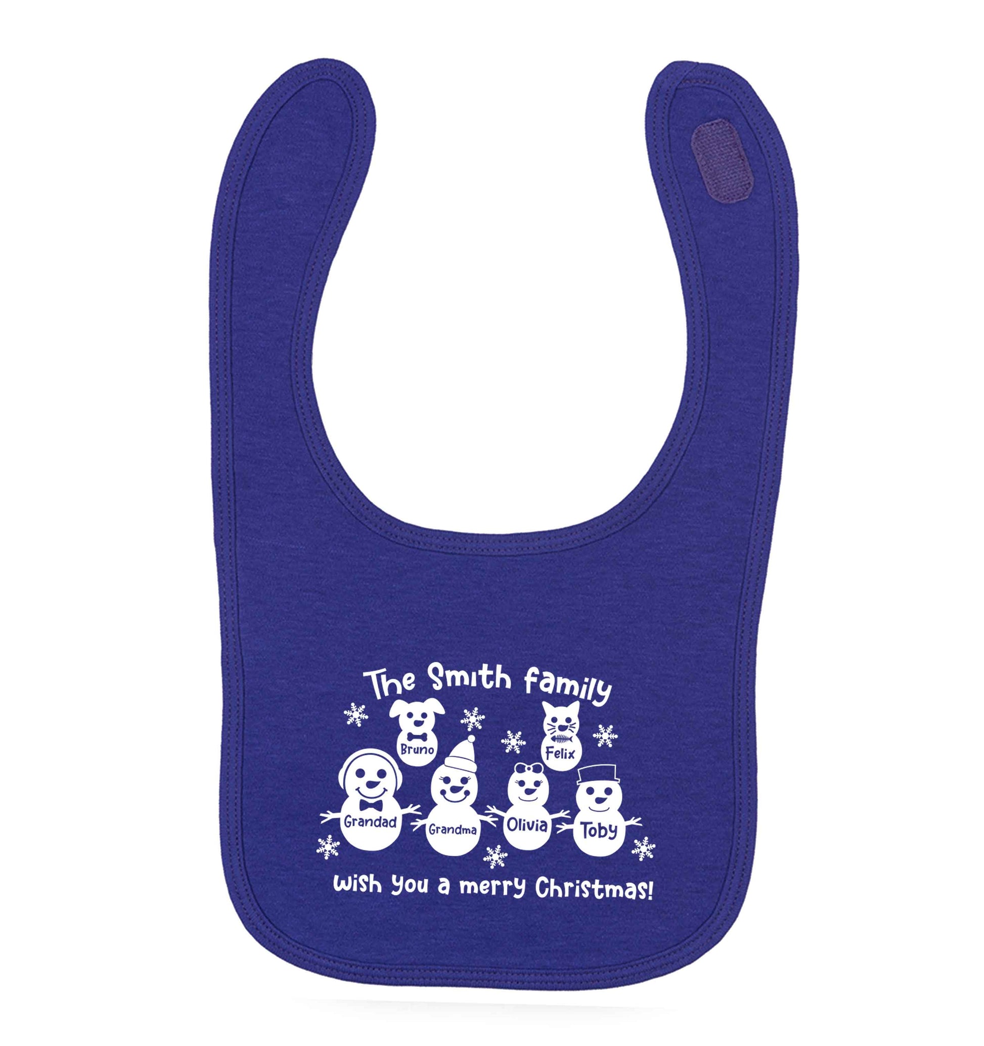 Personalised snowman family grandma grandad cat dog purple baby bib