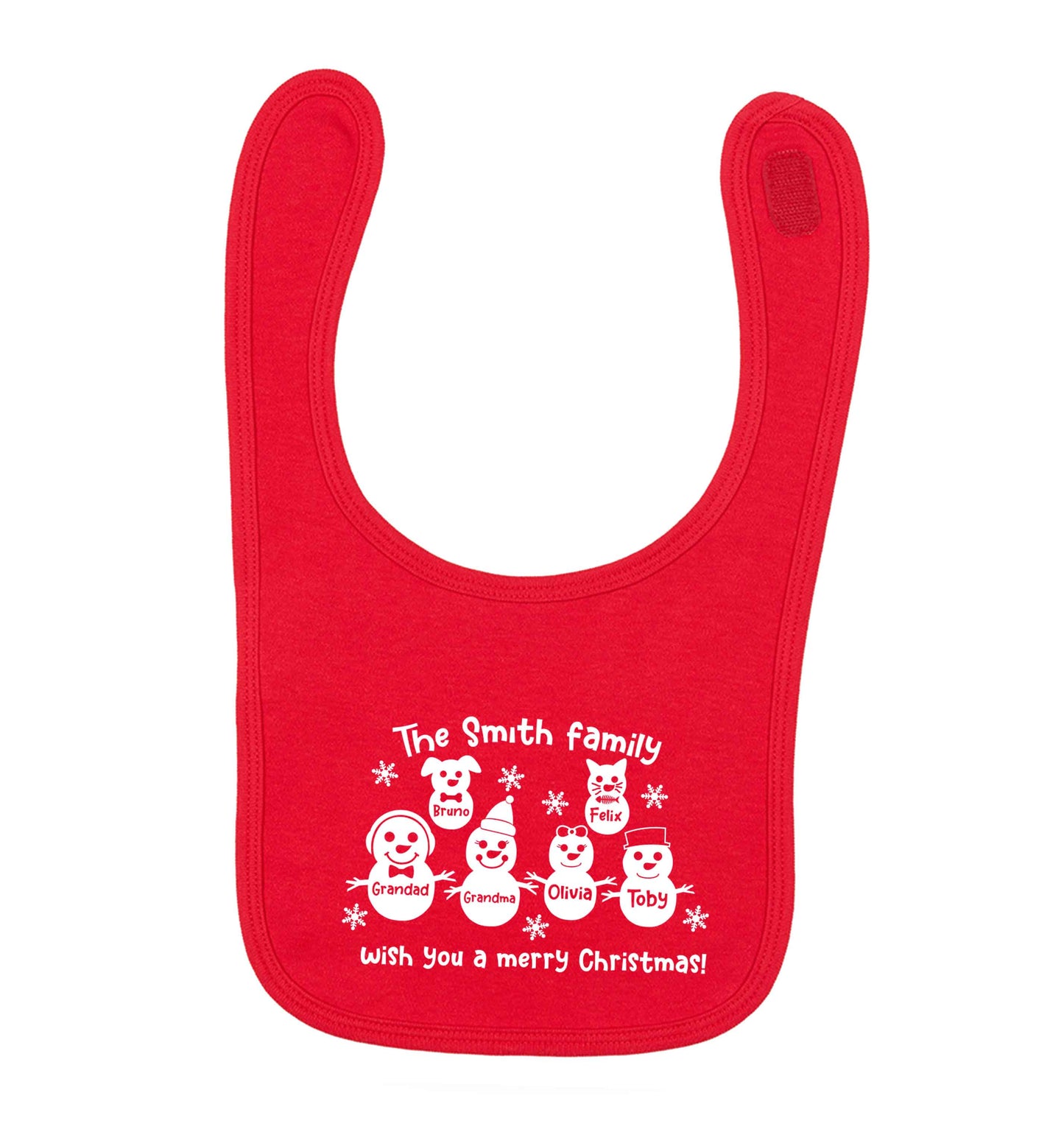 Personalised snowman family grandma grandad cat dog red baby bib