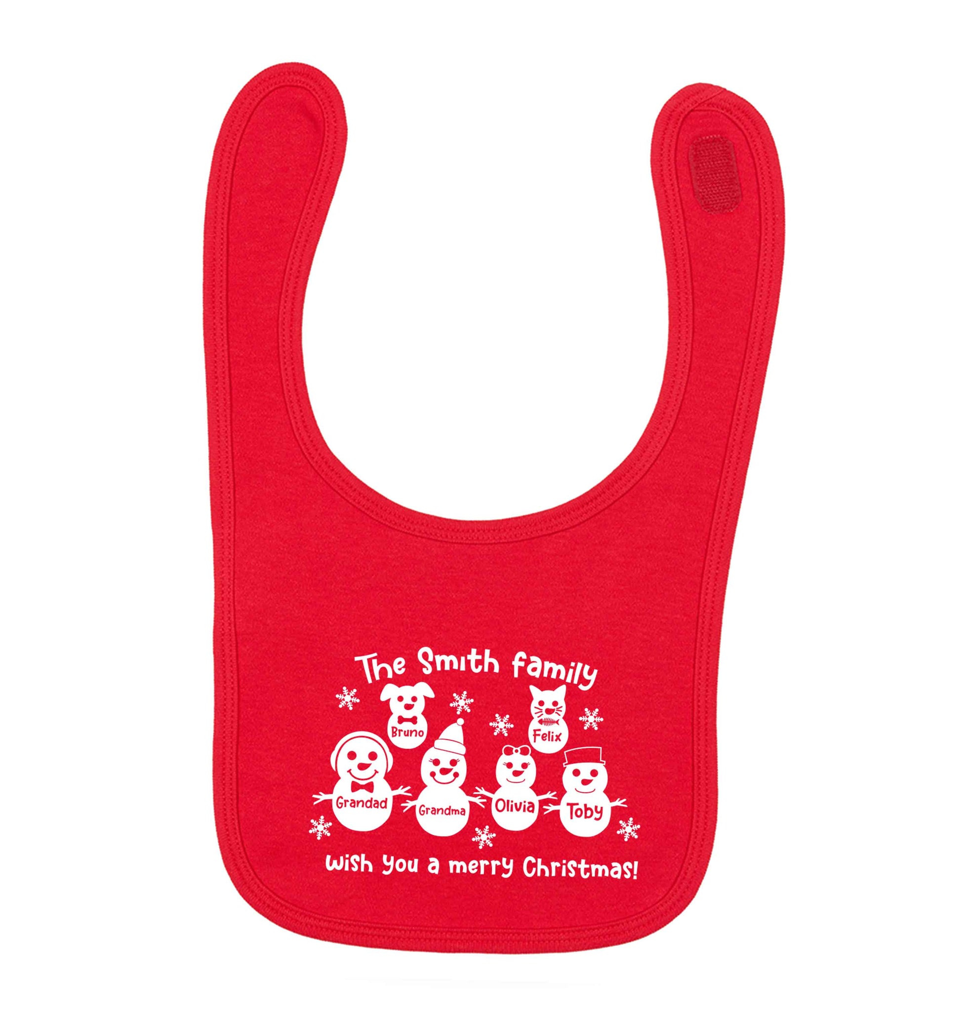 Personalised snowman family grandma grandad cat dog red baby bib