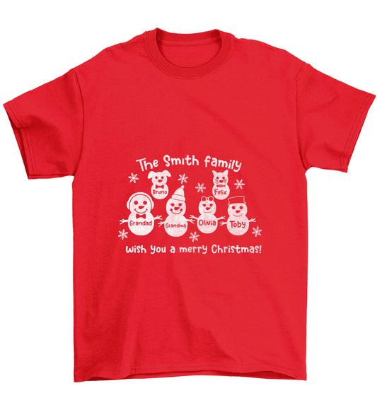 Personalised snowman family grandma grandad cat dog Children's red Tshirt 12-13 Years