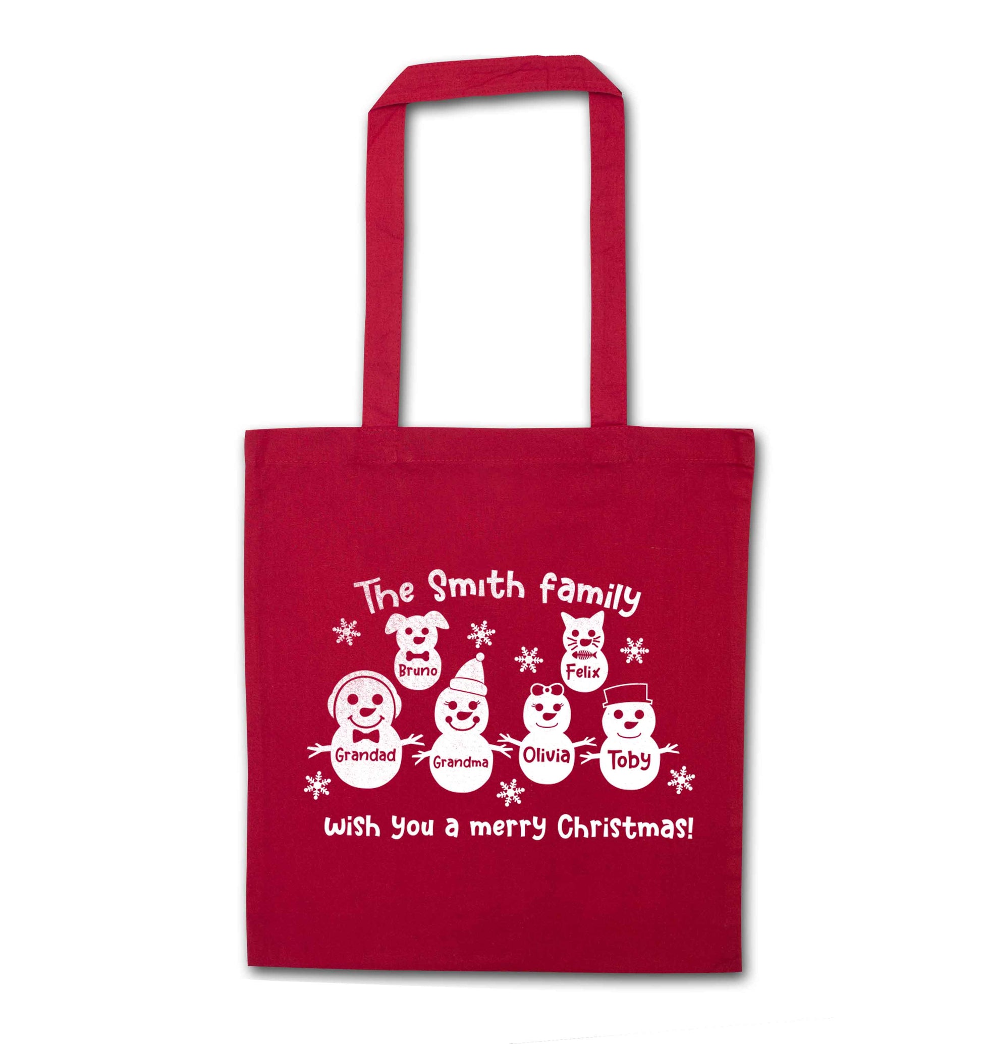 Personalised snowman family grandma grandad cat dog red tote bag