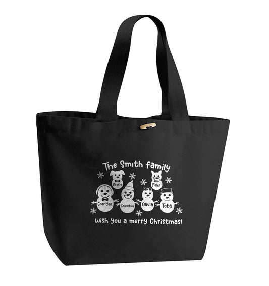 Personalised snowman family grandma grandad cat dog organic cotton premium tote bag with wooden toggle in black