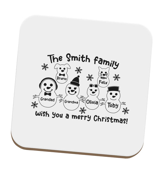 Personalised snowman family grandma grandad cat dog set of four coasters