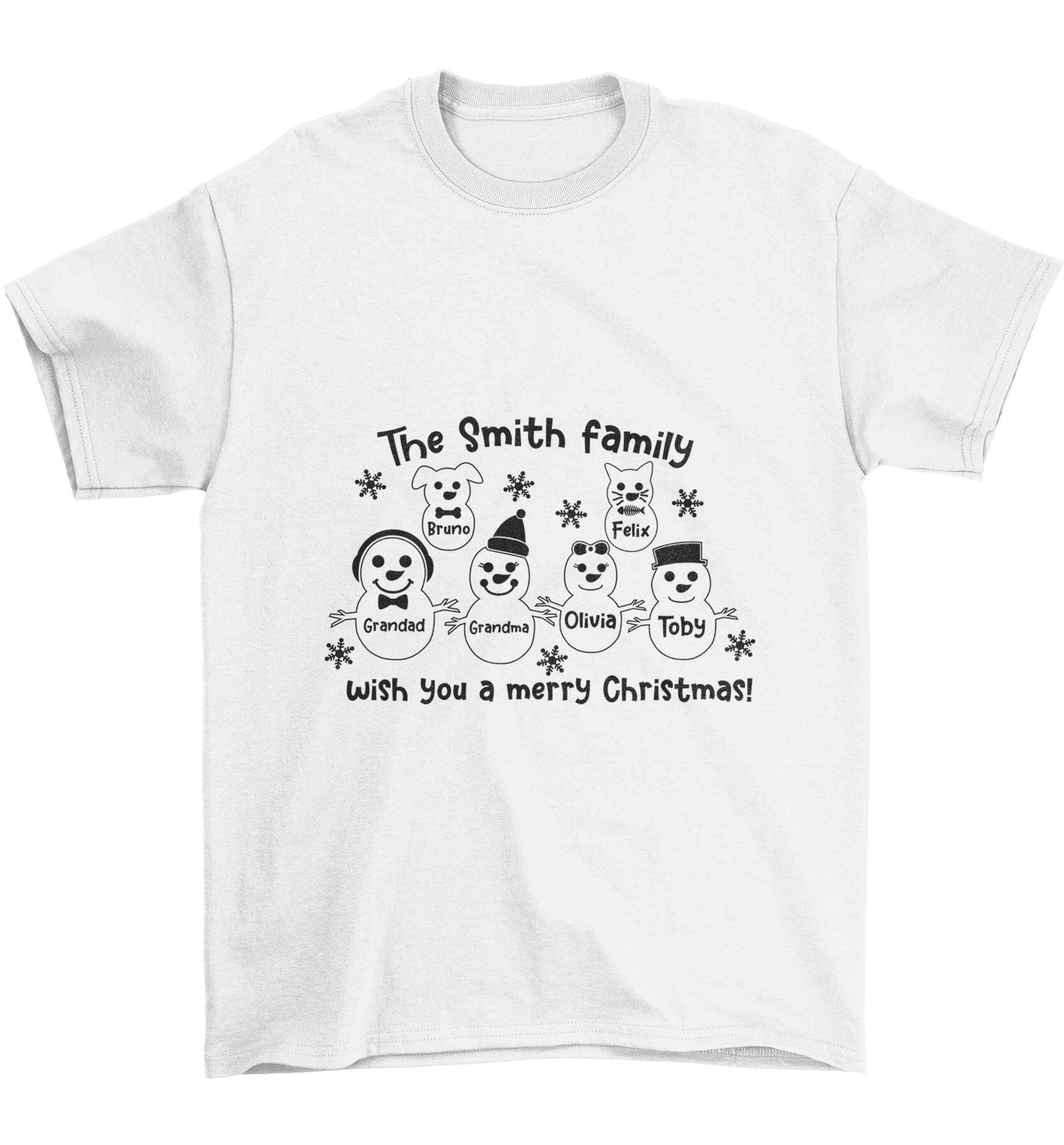 Personalised snowman family grandma grandad cat dog Children's white Tshirt 12-13 Years