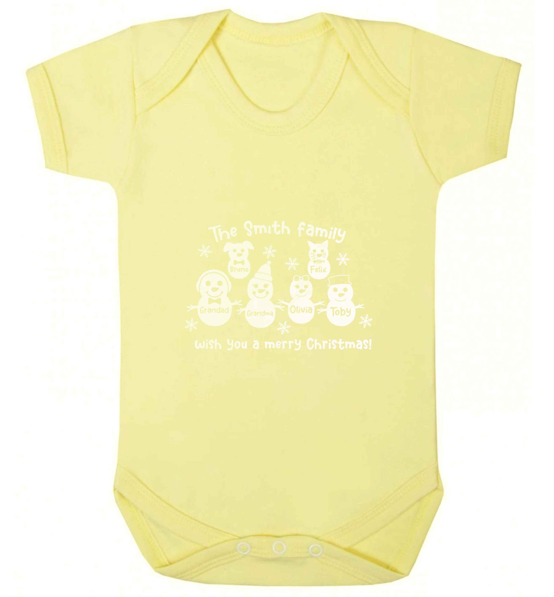 Personalised snowman family grandma grandad cat dog baby vest pale yellow 18-24 months