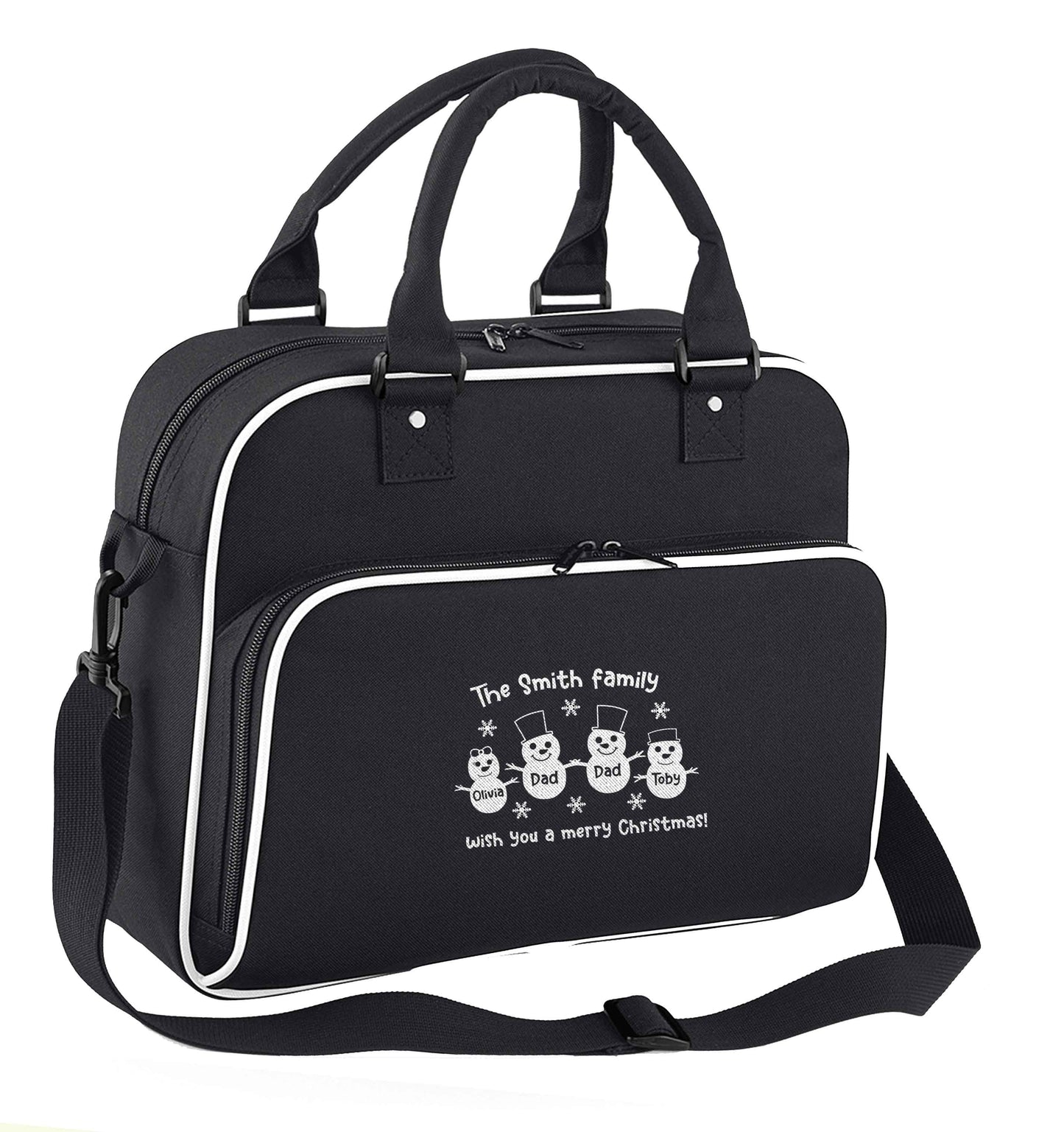 Personalised snowman family two dads children's dance bag black with white detail