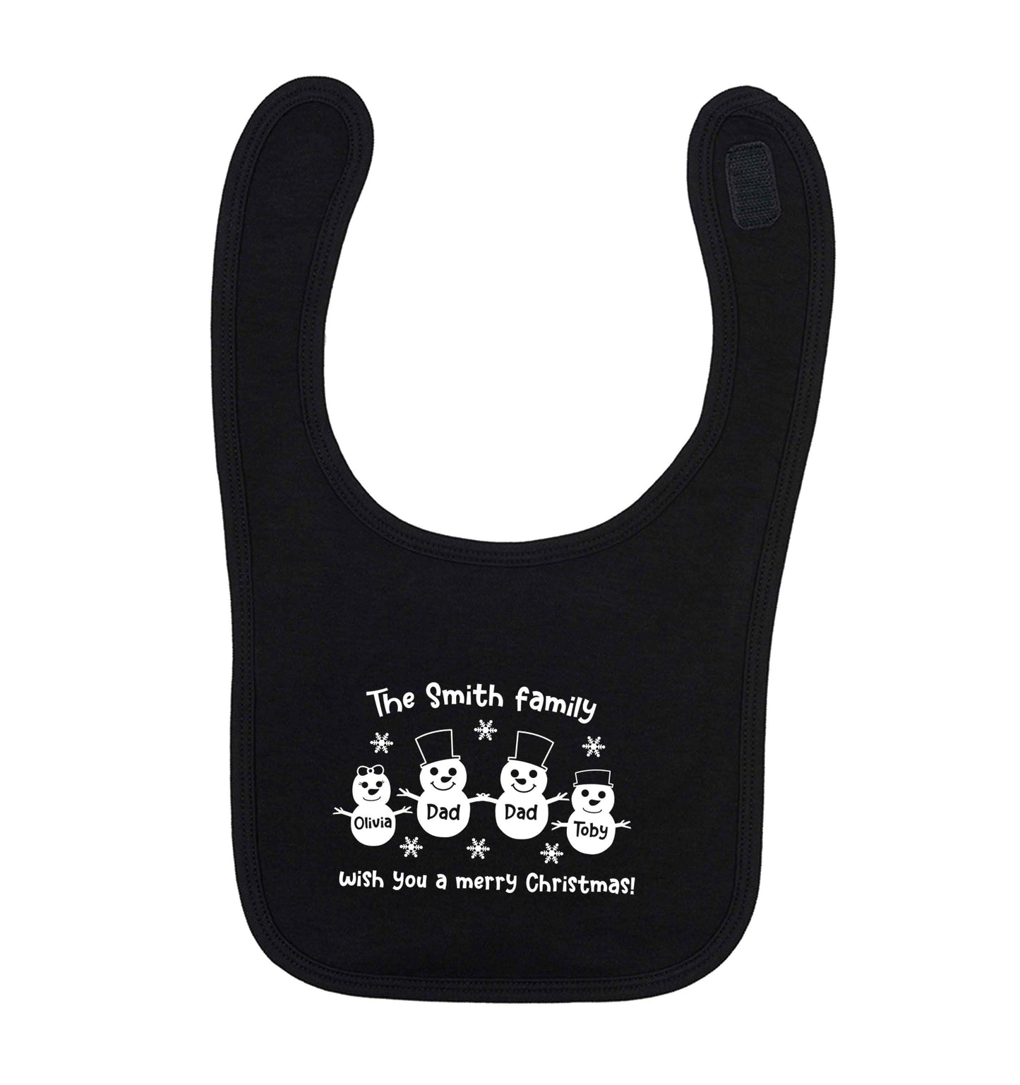 Personalised snowman family two dads black baby bib