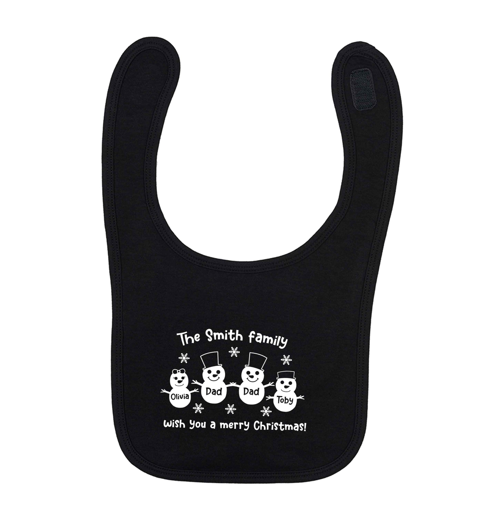 Personalised snowman family two dads black baby bib