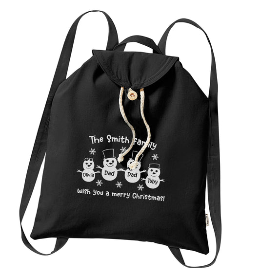 Personalised snowman family two dads organic cotton backpack tote with wooden buttons in black