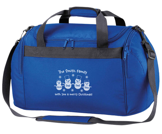 Personalised snowman family two dads royal blue holdall / duffel bag