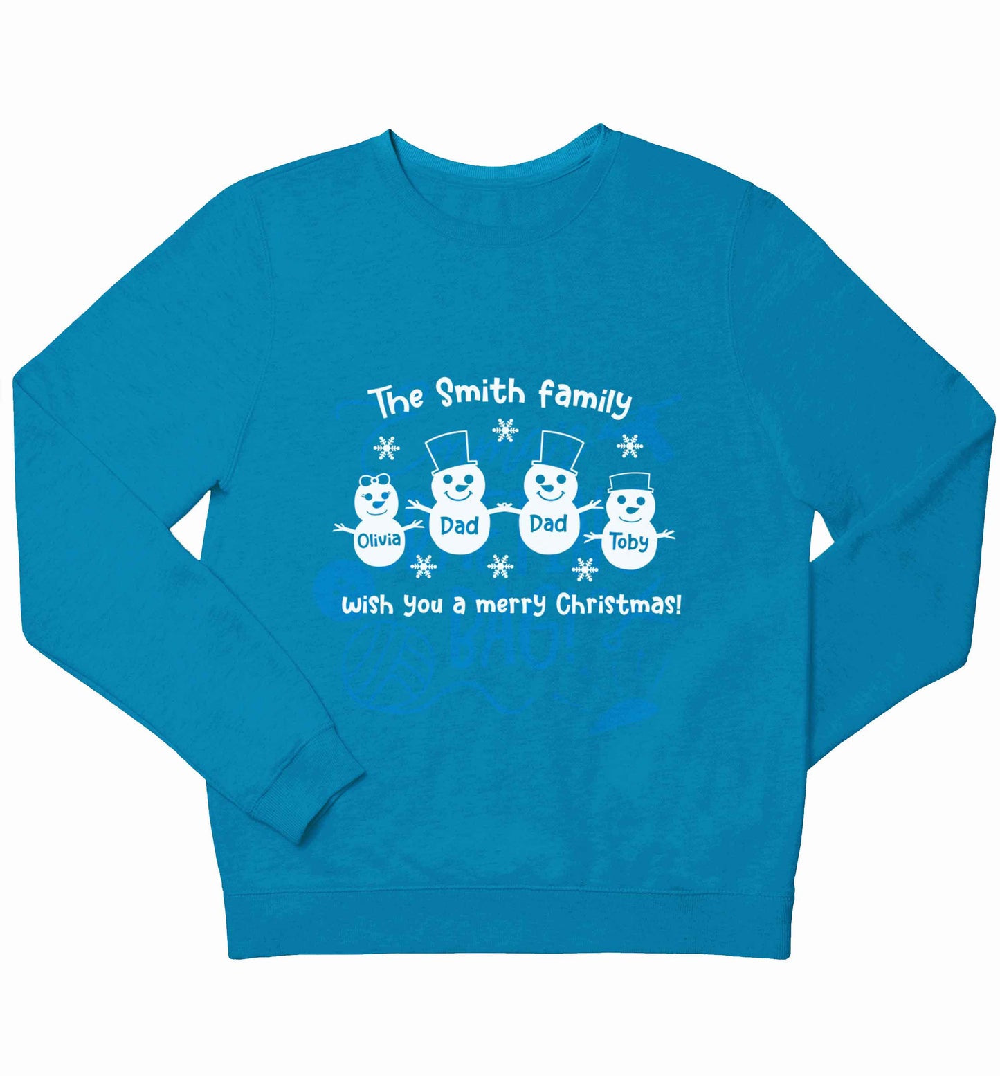 Personalised snowman family two dads children's blue sweater 12-13 Years