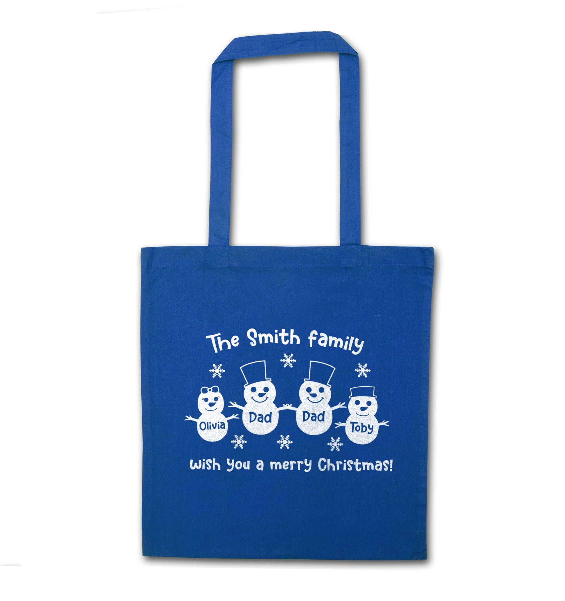 Personalised snowman family two dads blue tote bag