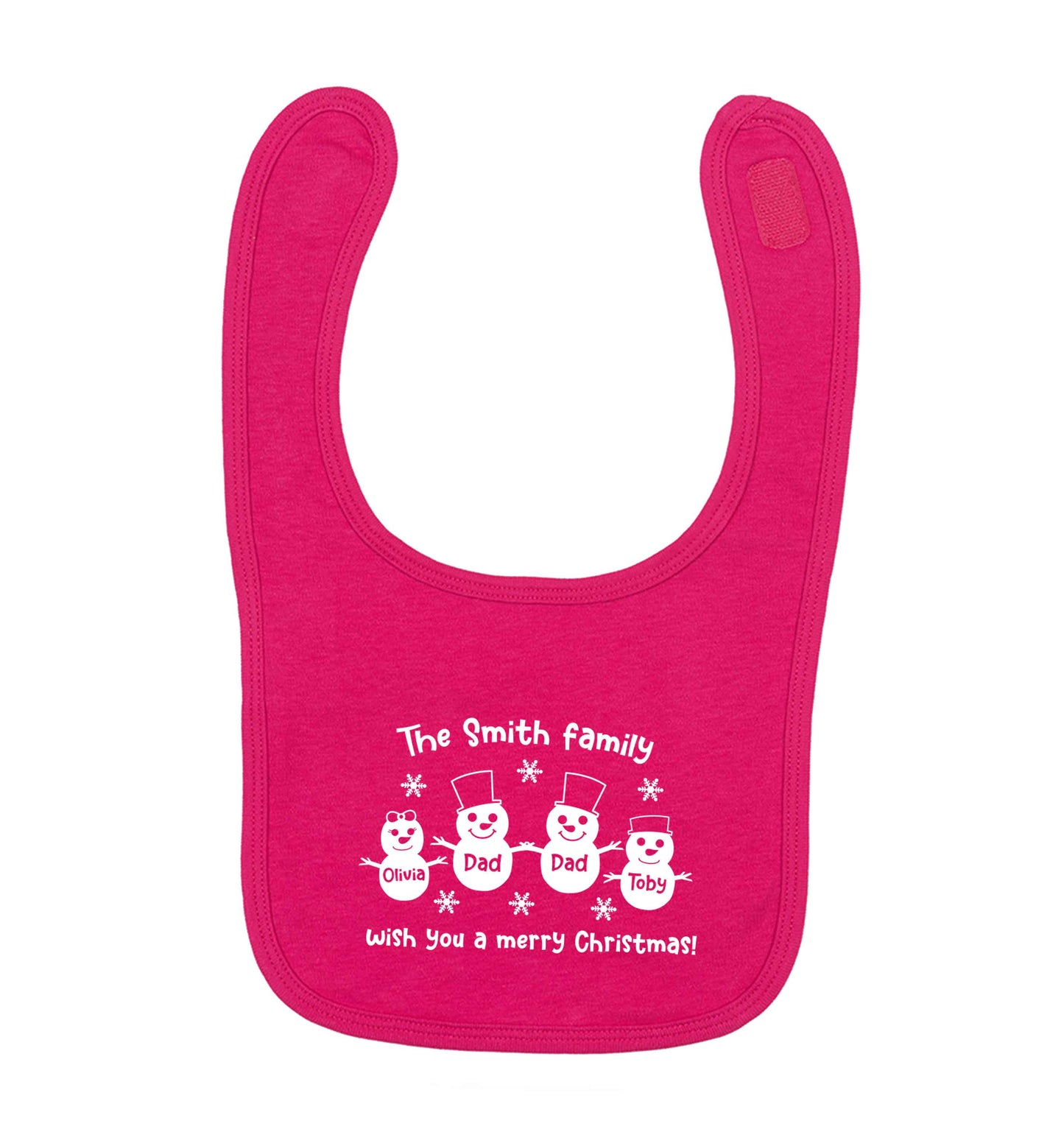 Personalised snowman family two dads dark pink baby bib